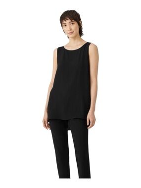 Eileen Fisher High Low Sleeveless Silk Tunic Blouse w Side Slits Women’s Black